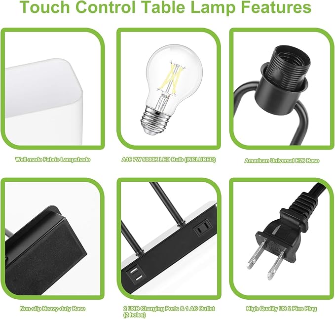 Bedside Touch Control Table Lamp with Dual USB Charging Ports 1 AC Outlet, 3 Way Dimmable Modern Nightstand Lamp with White Fabric Shade, Desk Lamp for Bedroom Living Room Office with 5000K LED Bulb