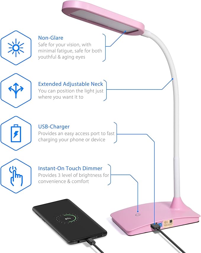 Pink Desk Lamps for Home Office - Super Bright Small Desk Lamp with USB Charging Port, a Perfect LED Desk Light as Study Lamp, Bedside Reading Lights