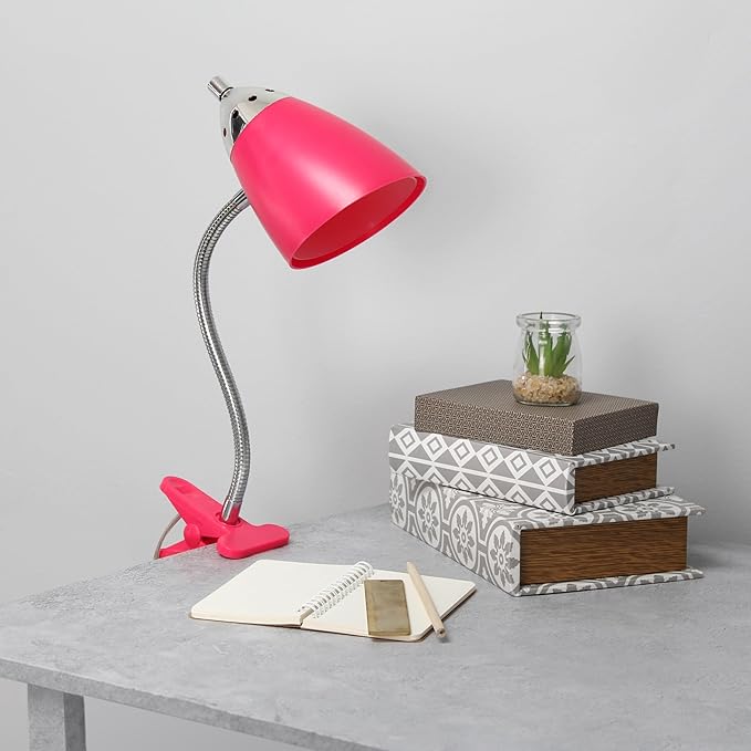 Simple Designs LD2001-PNK-LB 17.5" Flossy Flexible Gooseneck Clip Light Desk Lamp with LED Bulb, Pink