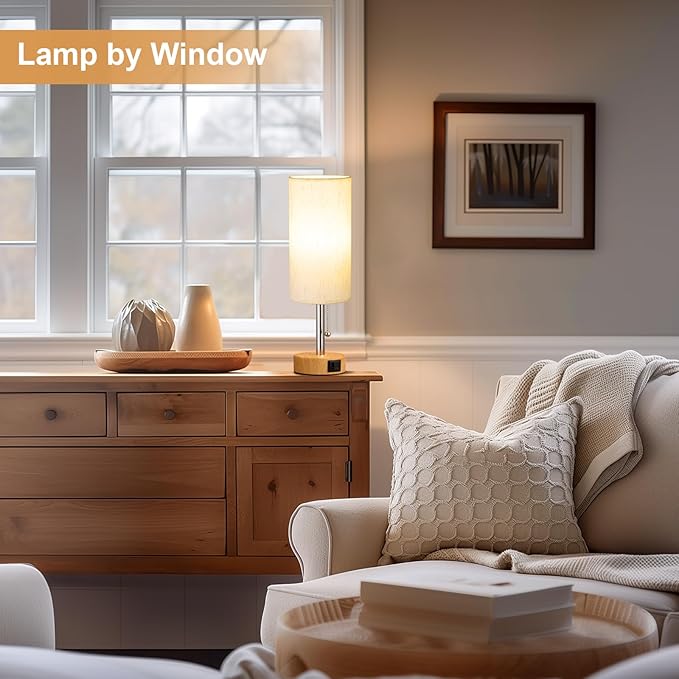 Small Table Lamp for Bedroom Nightstand - Bedside Lamp with USB A + C Charging Port, 3 Color Temperatures Pull Chain Night Stand Light, Wood Base Desk Reading Lamp for Class Room/Nursey