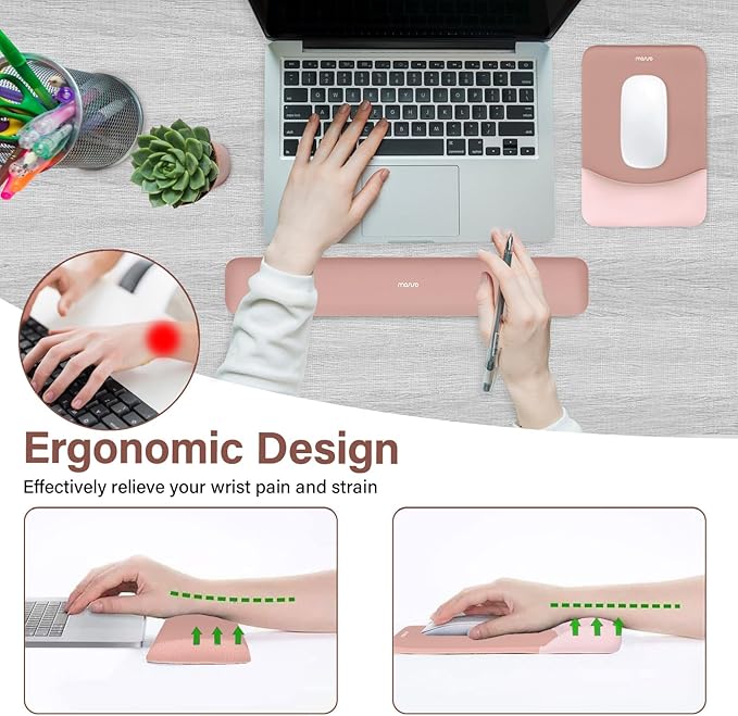 MOSISO Wrist Rest Support for Mouse Pad&Keyboard Set, Rectangular Ergonomic Mousepad Non-Slip Base Home/Office Easy Typing Pad with Neoprene Cloth&Raised Silicone Lining, Salmon Pink
