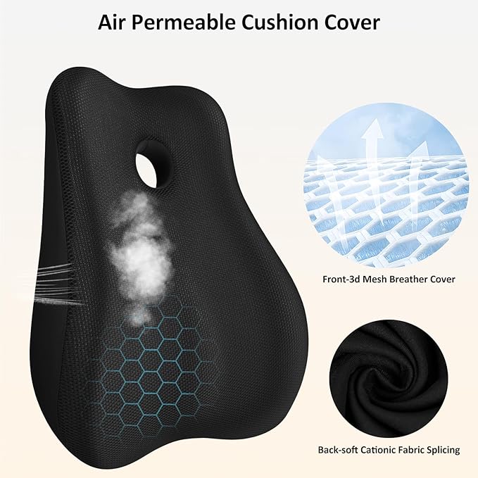 Seat Cushion, Lumbar Support Pillow for Office Chair, Memory Foam Coccyx Seat Cushion, Ergonomic Mesh Back Support Pillow, Office Desk Chair Cushion for Coccyx & Lumbar Ergonomic Support, Black