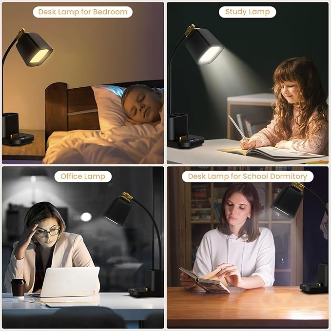 Desk Lamp with USB Charging Port & Pen Holder, LED Desk Light for Home Office, Touch Dimmable, Ideal for Study, Reading, and Work (Black)