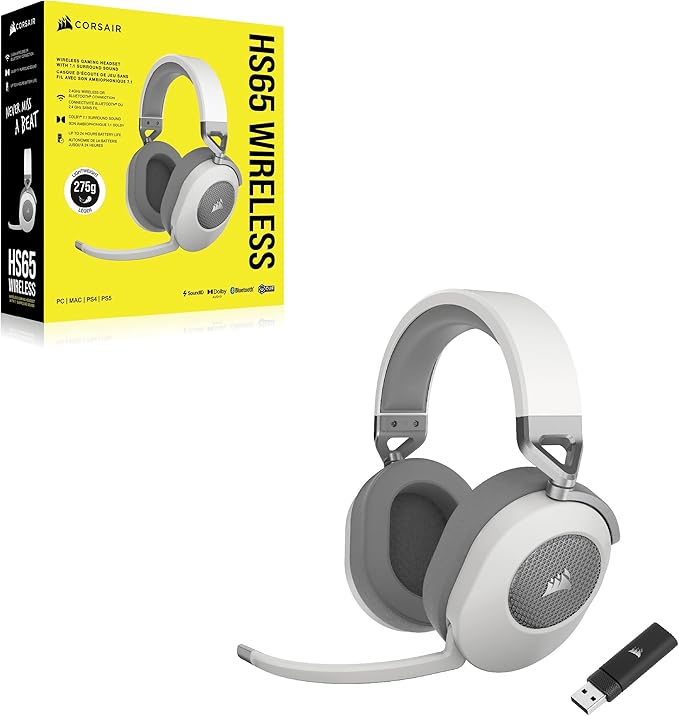Corsair HS65 Wireless Multiplatform Gaming Headset with Bluetooth - Dolby Audio 7.1 - Omni-Directional Microphone - iCUE Compatible - PC, Mac, PS5, PS4, Mobile - White