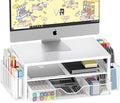 OPNICE Desk Organizers and Accessories, 2-Tier Computer Monitor Stand Riser with Drawer and 2 Pen Holders, Laptop Stand, Office Desk Accessories for Office Supplies, White