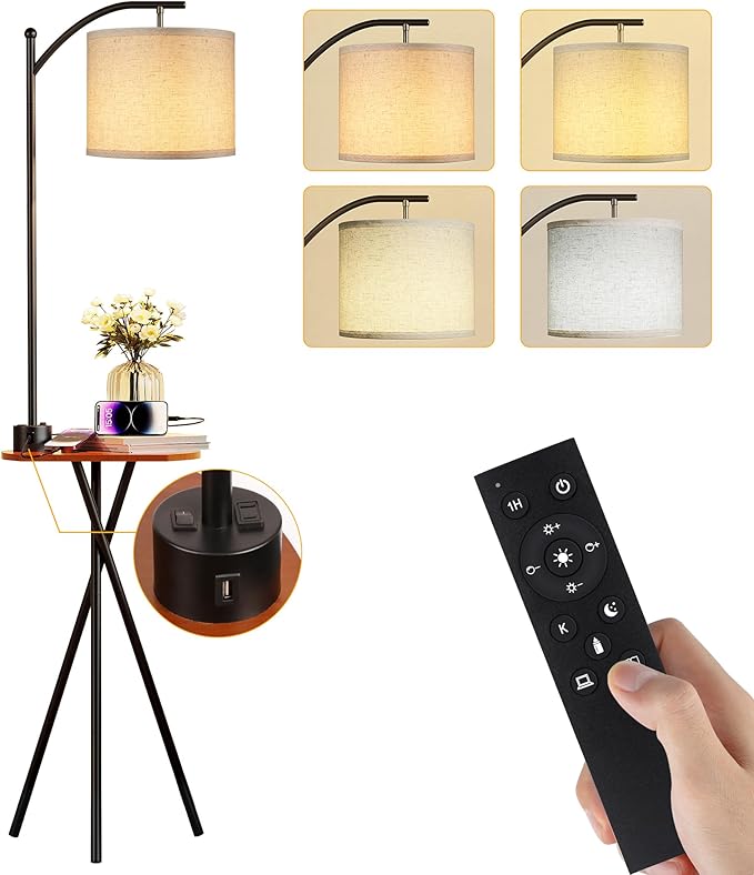 ROTTOGOON Floor Lamp with Table, End Table Lamp with Remote Control and Charging Station(USB A & Type-C & AC Port), 4 Color Temperatures, Floor Lamps for Living Room, Bedroom and Home Office,Black