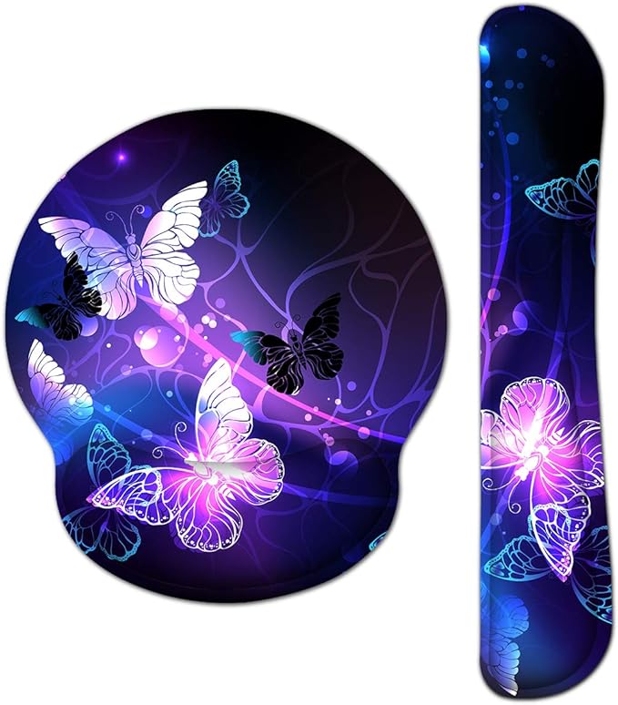 RICHEN Keyboard Wrist Rest and Mouse Pad with Wrist Support, Memory Foam Set for Gaming and Office, Comfortable & Lightweight for Easy Typing (White Butterflies)