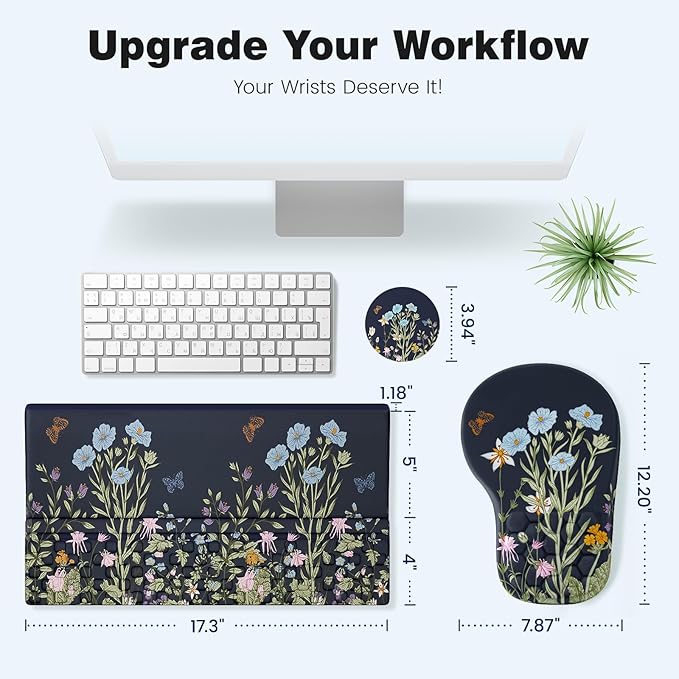 Ospelelf Ergonomic Mouse Pad and Keyboard Stand Wrist Rest Set, Memory Foam Comfort, Wrist Support for Typing, Office Desk Accessories, Moonlit Blossoms