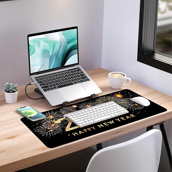 Happy New Year - 2026 Extended Gaming Mouse Pad 35.4x15.7Inch Large Desk Mat Anti-Slip Rubber Base & Durable Stitched Edges for Gamers Smooth Mouse Writing Surface for Desk Office/Home