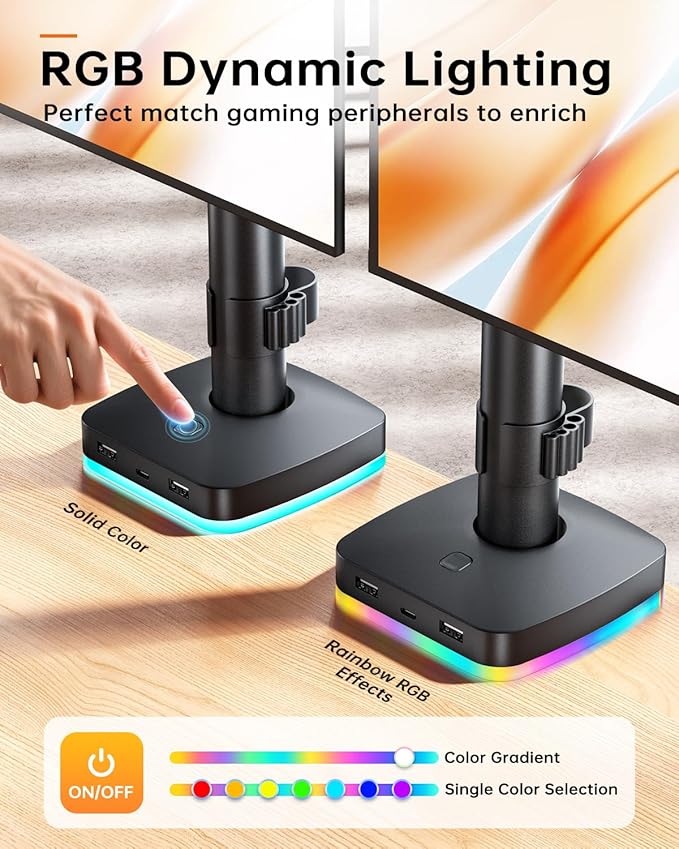 RGB Single Monitor Stand, Monitor Arm with 3 USB Ports, Charging and USB Data Transfer Function, Adjustable Desk Mount for 13"-27" Monitors up to 17.6lbs, VESA 75x75mm 100x100mm, Ergonomic Design