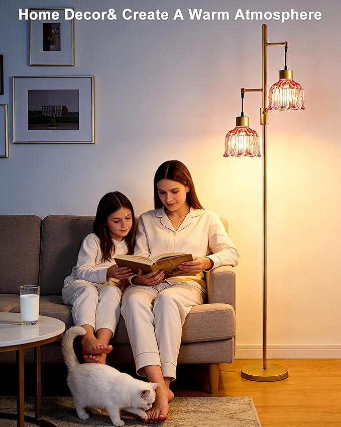 2-Light Gold Floor Lamp for Living Room, 65IN Tall Standing Lamps Dimmable with Rose Red Glass Lampshade, 3000K Warmwhite Mid Century Modern Floor Lamp for Bedroom/Office/Corner/Sofa Beside