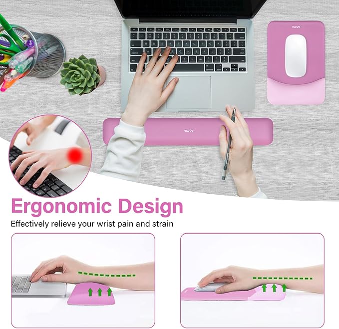 MOSISO Wrist Rest Support for Mouse Pad&Keyboard Set, Rectangular Ergonomic Mousepad Non-Slip Base Home/Office Easy Typing Pad with Neoprene Cloth&Raised Silicone Lining, Rose Red