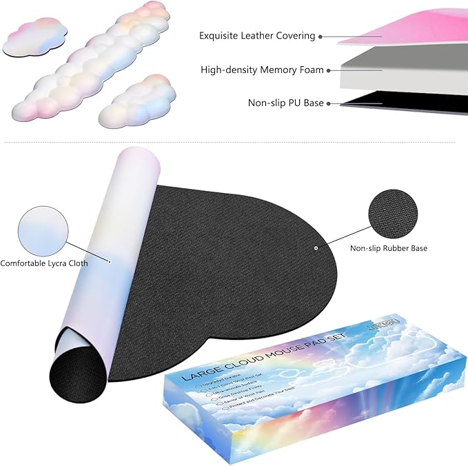 JIKIOU Large Cloud Mouse Pad Waterproof with Cloud Keyboard Wrist Pad and Cloud Mouse Wrist Pad Set, Ergonomic Computer Desk Wrist Support Mousepad for Keyboard and Mouse 35.4x15.7in Rainbow