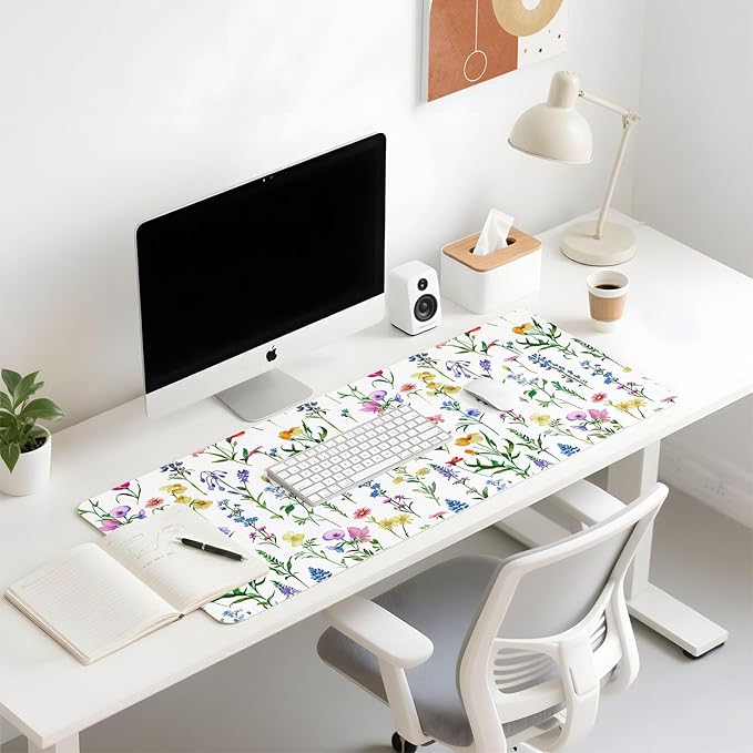 Mouse Pad Leather Desk Mat Large Keyboard Cute Office Desktop Computer Laptop XXL Long Big Aesthetic Modern Design Women Girls Gaming Gamer Oversized Wide Mousepad 31.5"x15.7", White Floral