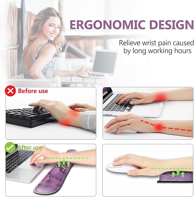 AIMSA Keyboard Wrist Rest Support + Mouse Pad + Mouse Wrist Rest + Coaster, Ergonomic Memory Foam Anti-Slip Rubber Base 4 PCS Set Easy Typing Pain Relief, Purple Marble