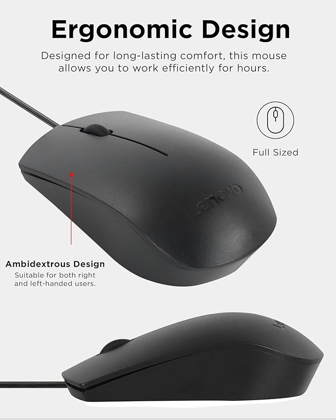 Lenovo USB-C Wired Mouse, Full Size, Ambidextrous Design, Black, Ergonomic Shape, Precision Sensor, Plug-and-Play for Right and Left-Handed Users, Durable Performance Gaming PC