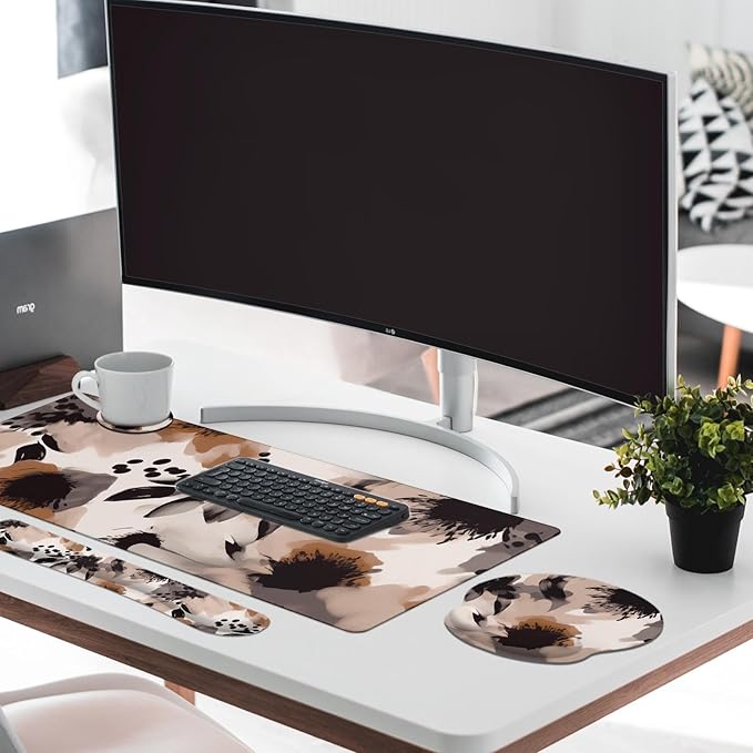 Britimes Brown Boho Tribal Flower Keyboard Mouse Pad Set 4in1 Large Mousepad+Keyboard Wrist Rest+Mouse Wrist Rest+Coaster Set with Ergonomic Design for Home Office Computer 35.4x15.7 inches