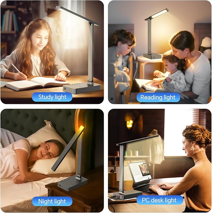 LED Desk Lamp with Power Strip: Table Lamp with Charging Station - 2 Outlets 1 USB-A Ports 1 Type-C Ports, Surge Protection, 5 Color Modes 5 Brightness for Home Office, College Dorm Room Essentials