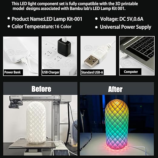 Bulto 4Pcs LED Lamp Kit 001 16 Color for Bambu Lab 3D Printing, RGB Remote Control DIY LED Light Kit - Monitor Light Bar for Bambu Lab Makerworld/Anycubic/Makeronline, 5V USB Powered
