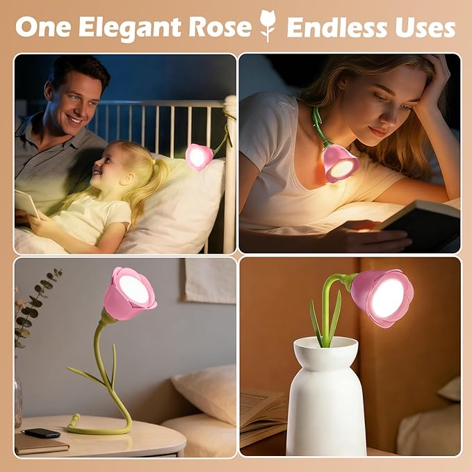 Rose Flower Lamp Rechargeable Reading Light for Bed,3-Color Modes Adjustable Brightness Small Night Light Neck Reading Light,Festival Gifts for Kids Mom Girlfriend Grandma (Pink)