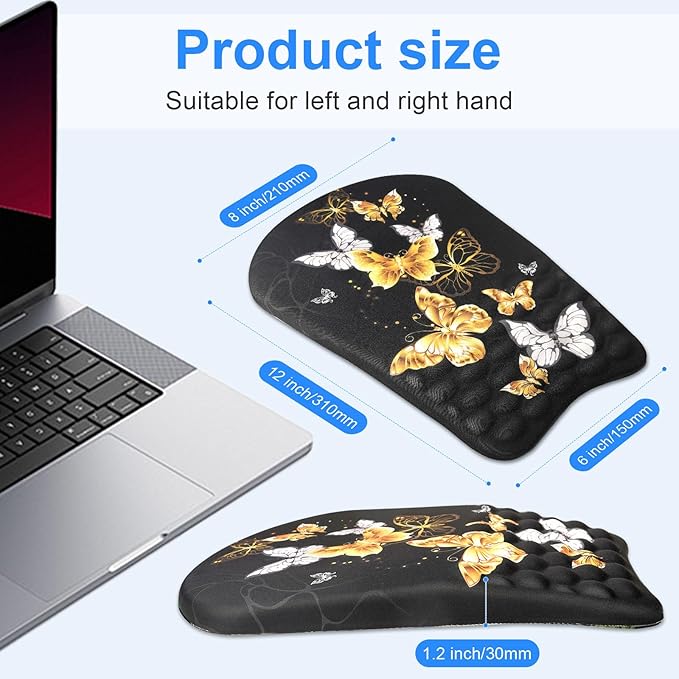 Ergonomic Wrist Mouse Pad with Massage Design, Wrist Rest Pain Relief Mousepad with Memory Foam Non-Slip PU Base, Mouse Pad with Wrist Support for Wireless Mouse & Desk, Y Butterfly B