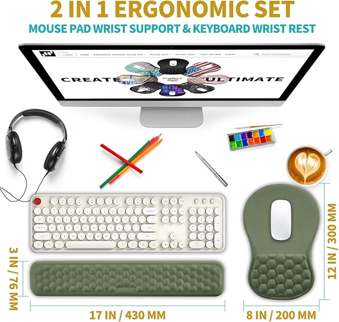 Hokafenle 2 in 1 Ergonomic Mouse Pad Wrist Support & Wrist Rest for Computer Keyboard Set, with Memory Gel Massage Bulge Design (2In1 Set, Dark Green)