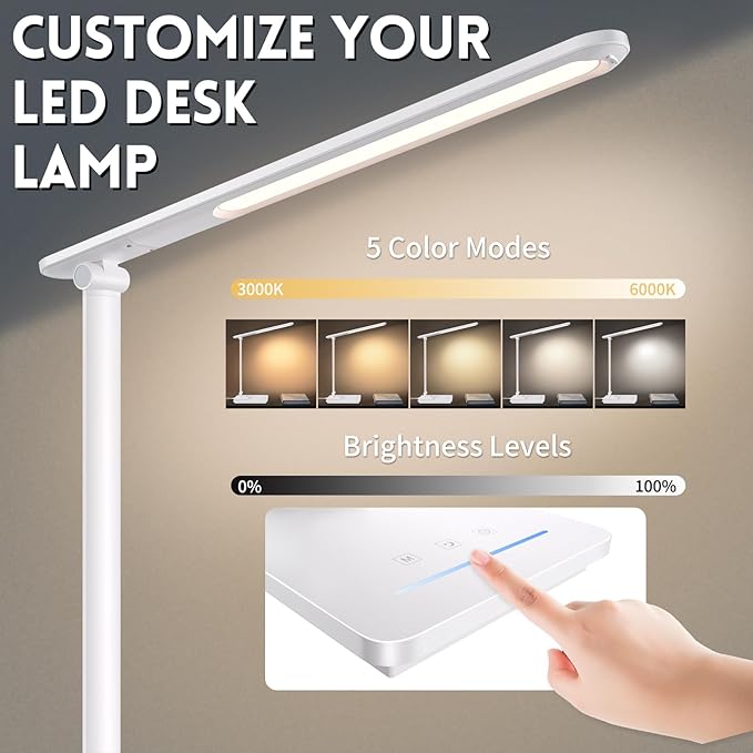 LED Desk Lamp for Home Office, USB Charging Port, Reading Desk Light with 5 Color Temperatures, Stepless Dimming, Table Lamp with Timer, Night Light, Foldable Desk Lamp for College Dorm Room (White)