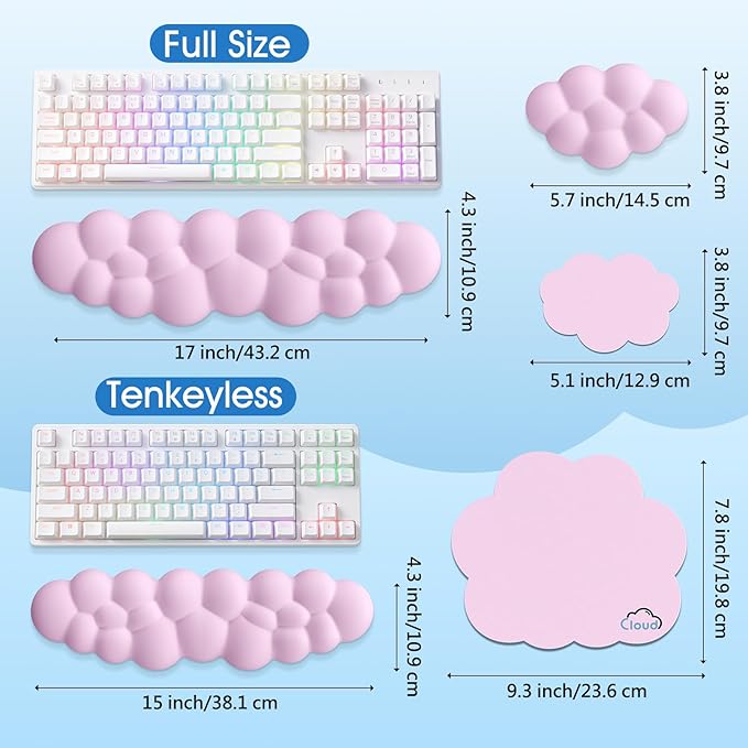 Cloud Wrist Rest Keyboard Cushion, 4-in-1 Ergonomic Cloud Keyboard Wrist Rest and Mouse Pad Set with Memory Foam Arm Support for Palm, Cute Desk Accessory for PC Gaming Setup, Pink