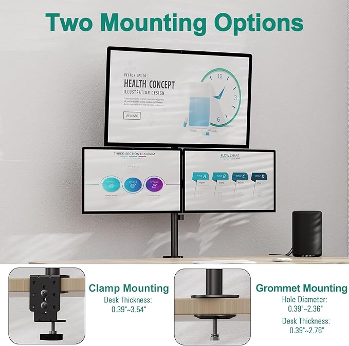 Triple Monitor Stand, Desk Mount for Three Screens up to 32 Inch, Stacked Monitor Arm for 3 Monitors Max 17.6lbs per Arm, Height Adjustable, Tilt, Swivel VESA Mount 75/100x100mm