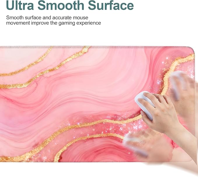 Pink Marble Extended Gaming Mouse Pad 31.5x11.8inches Large Desk Mat Anti-Slip Rubber Base & Durable Stitched Edges for Gamers Smooth Mouse Writing Surface for Desk Office/Home