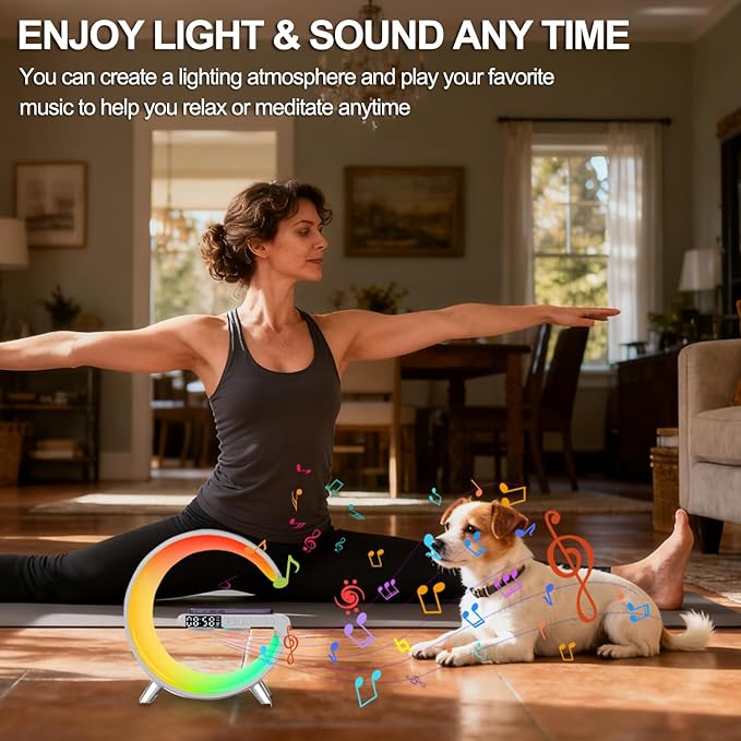 Smart Table Lamp, 15W Wireless Charger Station with LED Atmosphere Lamp, Bedside Night Light, Alarm Clock, Bluetooth Speaker with App Control for Home Decor, Gift for Girls Boys for Birthday Christmas