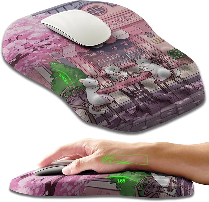 Ergonomic Slope Mouse Pad Wrist Support, Wrist Rest Mousepad for Carpal Tunnel with Massage Bulge and Slow Rebound Memory Foam (12x8 inch, Cat Bakery)