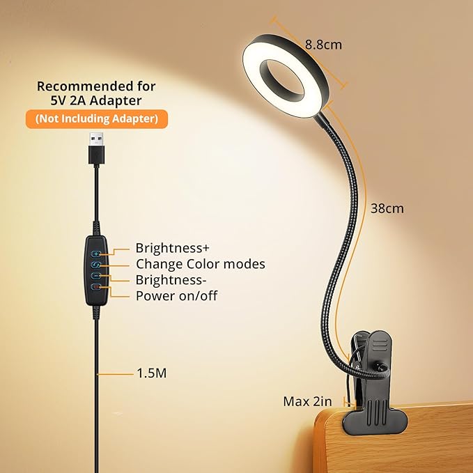 Desk Lamp Clip Light, 10 Dimmable Brightness 3 Light Modes Reading Light, Clamp Bedside Lamp for Painting, Craft, Study (Black)