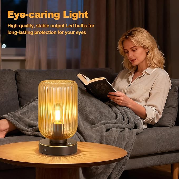 LigthRound Touch Table Lamp for Bedroom, Cordless Bedside Small Table Lamp, Dimmable Rechargeable Battery Operated Lamp for Nightstand, Bedside, Living Room, Desk, LED Bulb Included