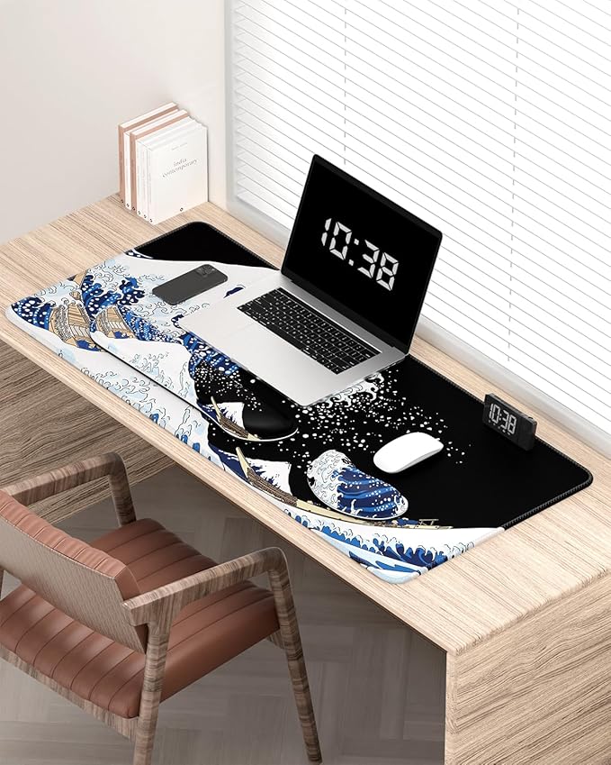 Auhoahsil Large Mouse Pad with Wrist Rests for Keyboard & Mouse, Thick Soft Ergonomic Memory Foam Wrist Supports, Big & Long Desk Mat 35.5 x 15.7 in, for Office Gaming Computer, Great Wave