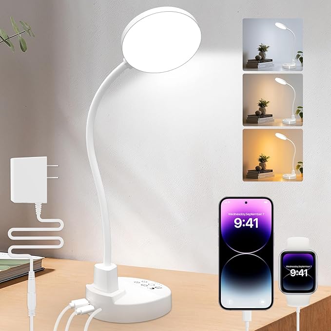 15W LED Desk Lamp with USB Charging Ports – Dimmable Table Lamp with 3 Color Temps, 5 Brightness, 4 Timers, Flexible Gooseneck Light with Base, Eye-Caring Reading Light for Home Office, Bedroom, Study