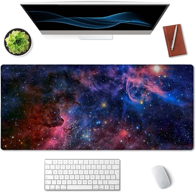 SSOIU Extended Gaming Mouse Pad (35.5x15.7 in), Large Non-Slip Rubber Base Mousepad with Stitched Edges, Waterproof Keyboard Mouse Mat Desk Pad for Work, Game, Office, Home - Nebula Space