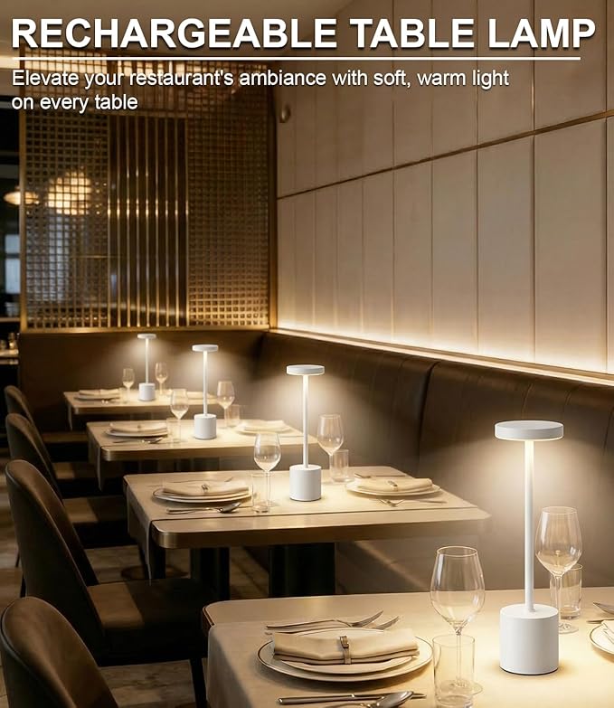 White Rechargeable Cordless Table Lamps Set, 5000mAh Battery Powered Wireless Table Light, Portable LED Desk Lamp, 3 Color Dimmable Lighting for Restaurant Dining Patio Outdoor Bedroom