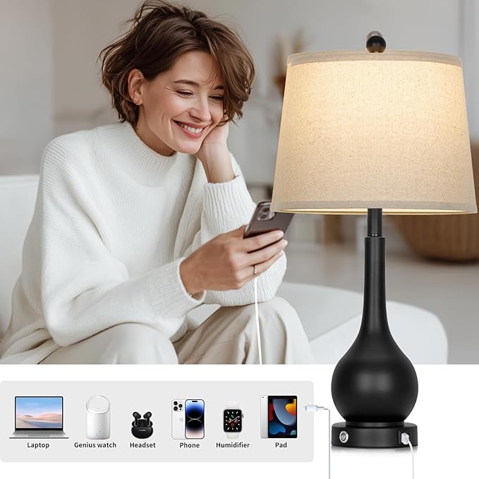 26" Black Table Lamp for Living Room Single, Touch Control Bedside Lamp for Nightstand, 3-Way Dimmable End Table Lamp for Bedroom with USB Charging Port (1 Pack)
