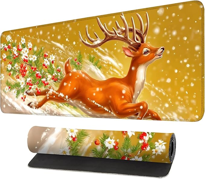 Desk Mat, XXL Extended Gaming Pad for Desktop, 31x12 Inches Winter Reindeer Running in Snow, Large Non-Slip Vegan Leather Surface with Stitched Edges, Keyboard Mouse Mat for Home Office