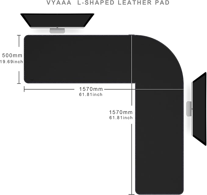 Vyaaa (62"+62") x 20" L Shaped Leather Desk Pad (Black), Dual-Sided Reversible PU Leather Desk Mat, Extra Large Mouse Pad, Compatible with L Shape Computer Desk for Home or Office