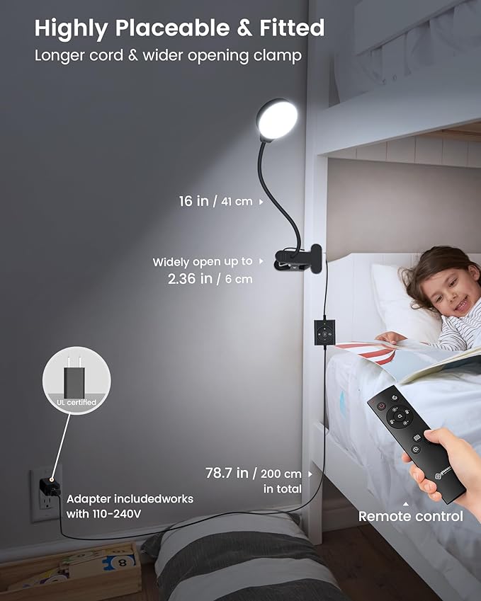 Glocusent 5W Reading Light for Bed, 36 LED Eye Caring Bed Lamp, 3 Colors & 5 Brightness Levels for Headboard with Adapter, Perfect Clip on Light for Reading, Working & Studying (Black with Remote)