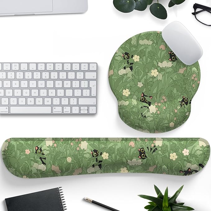 Cute Flower Mouse Pad Wrist Support Ergonomic Green Hide Out Cat, Keyboard Mouse Wrist Rest Non-Slip Gel Anime Kawaii 3D Mouse Pads Wrist Pad,Easy Typing, Comfortable Computer Mouse Pad.