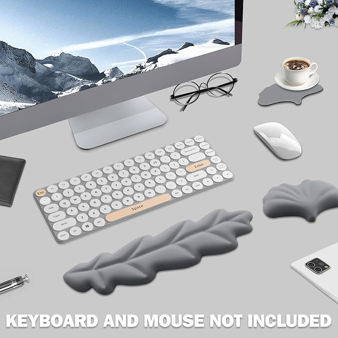 Keyboard Wrist Rest Pad Set, Leaf Shape PU Leather Memory Foam Wrist Cushion Support,Mouse Wrist Rest Pad,Non-Slip Wrist Support for Easy Typing, Grey Leaf