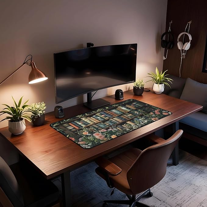 Flower Book Desk Mat, Colorful Mousepad XXL, Large Vintage Game Pad, Computer Keyboard Mouse Pad, with Stitched Edges, Non-Slip Rubber Base Deskpad, Women Home Office Accessories 31.5"X15.7"