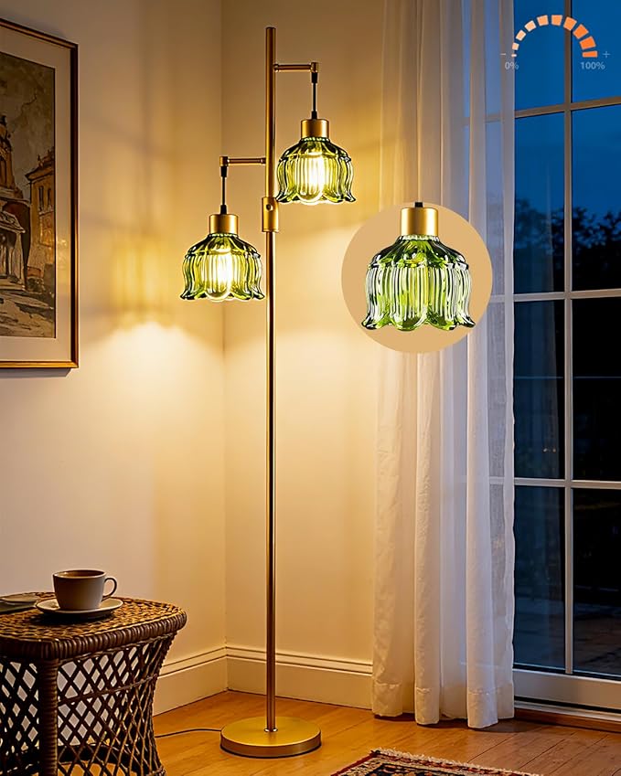 2-Light Gold Floor Lamp for Living Room, 65IN Tall Standing Lamps Dimmable with Green Glass Lampshade, 3000K Warmwhite Mid Century Modern Floor Lamp for Bedroom/Office/Corner/Sofa Beside