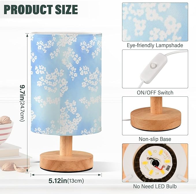 Blue Snowflake LED Table Lamp, Bedside Lamp with Linen Lampshade, Flicker-Free Eye Care USB Plug in Nightstand Lamp, for Bedroom and Office