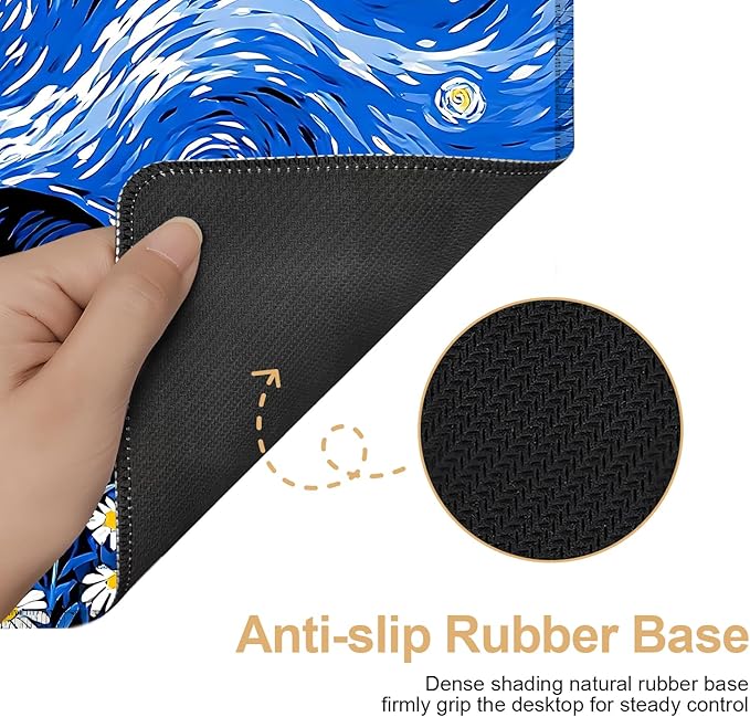 Large Mouse Pad & Keyboard Mat 35x16 Inches, Van Gogh Starry Night with Cat and Daisy Non-Slip Rubber Base Desk Mat, Large Extended Desk Protector for Home Office Gaming Setup