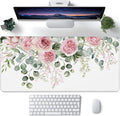 Desk Mat,Peony Flowers and Eucalyptus Leaves Large Gaming Mouse Pad for Desk XXL,Pink Floral Desk Pad,Extended Big Computer Keyboard Mouse Pad with Non-Slip Base Stitched Edges 35.4"x15.7"