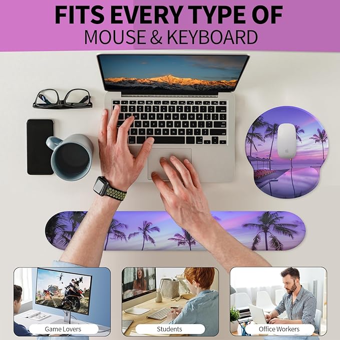 eulps Mouse Pad Wrist Support, Ergonomic Memory Foam Keyboard Wrist Pad & Gel Wrist Rest Set for Computer Keyboard for Easy Typing for Office & Home (Mauve Twilight Set)